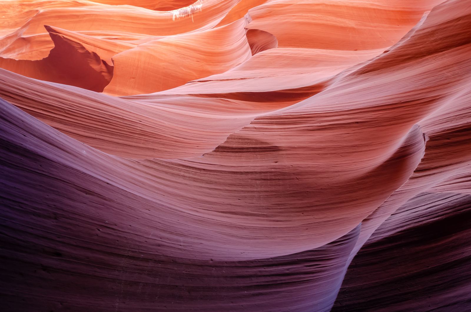 Layered sandstone walls of a slot canyon, shaped by water over time, glowing orange and violet